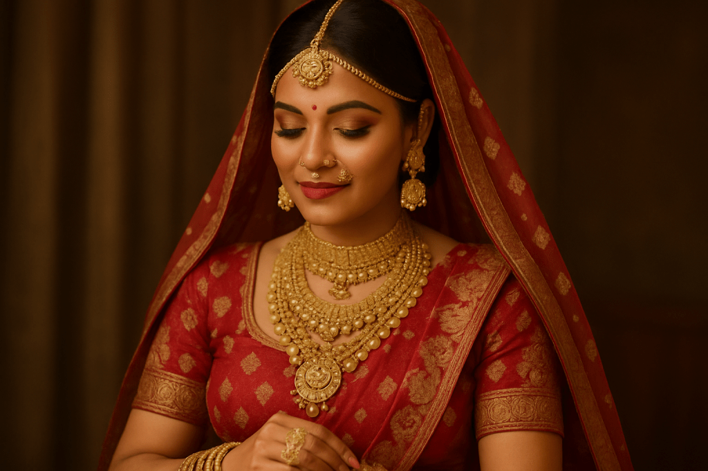 A traditional Indian bride adorned in gold jewelry during a wedding.